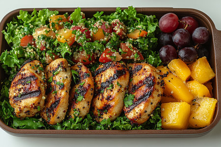 Packed office lunch box with quinoa salad, grilled chicken, mixed greens and fruit. Sustainable meal.の素材