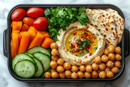 Plant based lunch box with hummus, roasted chickpeas, fresh veggie sticks and whole wheat pita bread on. Healthy eating.の素材