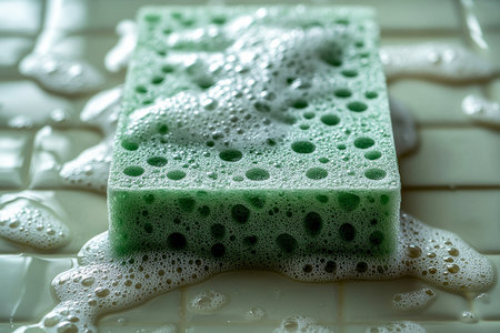Green sponge with cleaning agent wiping a ceramic tile with soap bubbles. Close-up. Hygiene concept.の素材