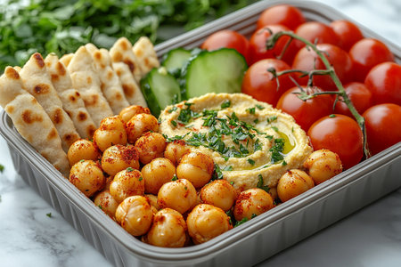 Plant based lunch box with hummus, roasted chickpeas, fresh veggie sticks and whole wheat pita bread on. Healthy lunch.の素材