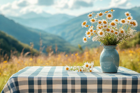 Picnic table with checkered tablecloth and a vase with flowers on a summer background. Summer fun. Retro-style. Mockup. Copy space.の素材