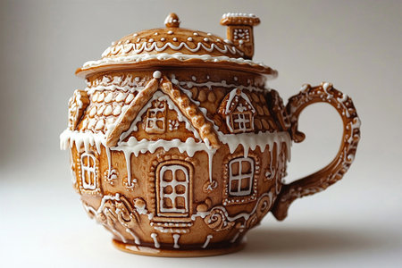 Gingerbread house shaped ceramic cup with lid on a white background. Christmas atmosphere. Dining culture.の素材