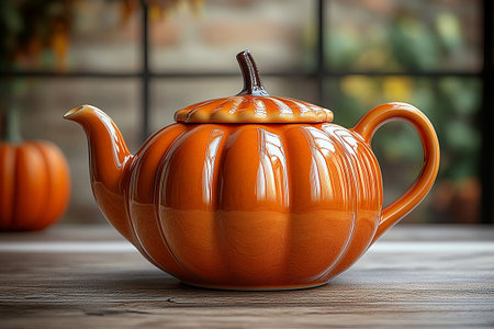 Ceramic teapot in shape of a orange pumpkin in a classic style on a white background. Dining service.の素材