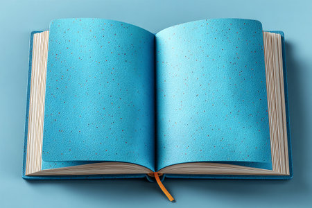 Top view of open Notebook journal with blank pages on a white background. Mockup. Copy space. Blue blank pages. School supplies.の素材