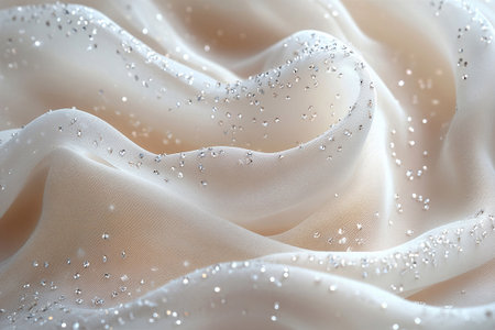 Bridal tulle fabric with crystal embellishments on a white background. Attract fashion brands.の素材