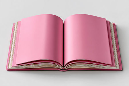 Top view of open Notebook journal with blank pages on a white background. Mockup. Copy space. Pink blank pages. Perspective.の素材