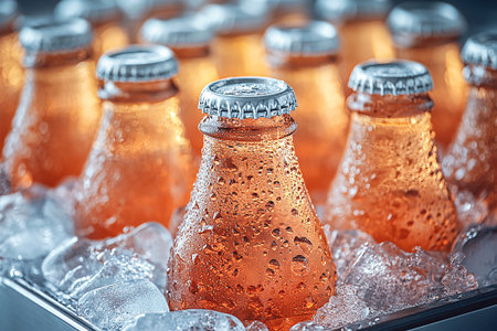 Retro cooler filled with glass soda bottles and ice. Retro style. Close-up. Summer happiness.の素材