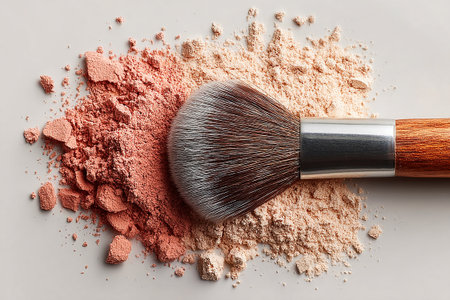 Flat lay of makeup brush placed next to a color palette on white background. Neutral tones.の素材
