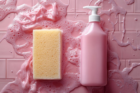 Top view of sponge next to a light detergent bottles on a background of ceramic tiles in pink colors. Commercial use.の素材