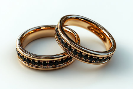 Pair of white gold wedding rings on a white background. Original style. Elegant accessory.の素材