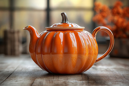 Ceramic teapot in shape of a orange pumpkin in a classic style on a white background. Kitchen staff.の素材