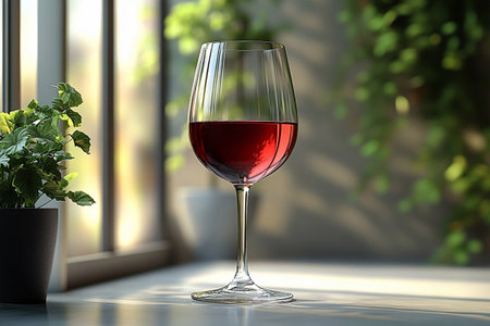 Elegant Wine Glass filled with red wine. Mockup for wine industry branding. Romantic evening.の素材