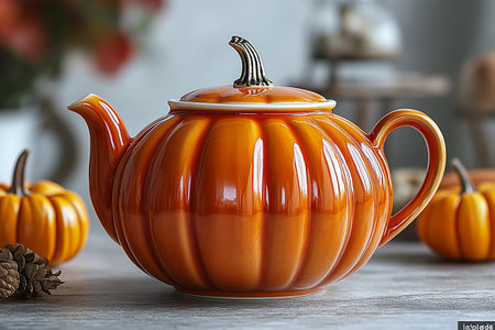 Ceramic teapot in shape of a orange pumpkin in a classic style on a white background. Modern kitchen tableware.の素材