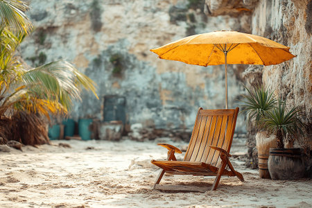 Umbrella and chairs set up on sand in beach of ocean. Summer adventure. Retro style.の素材