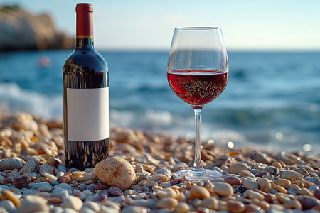 Crystal Wine Glass with red wine and a bottle of wine with a blank label next to it. Mockup for wine industry branding. Summer vibe. Wine culture.の素材
