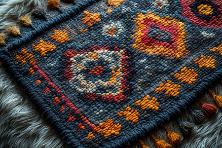 Crisp details. Handwoven rug texture with geometric print on a white background. Top view.の素材