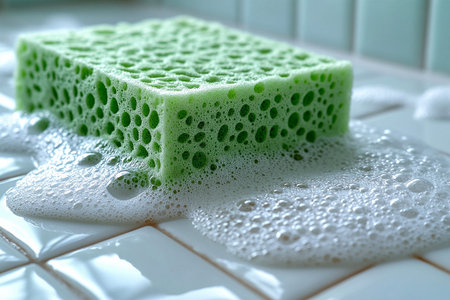 Green sponge with cleaning agent wiping a ceramic tile with soap bubbles. Close-up. Basic cleaning tools.の素材