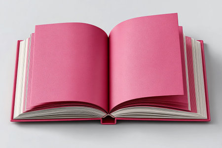 Top view of open Notebook journal with blank pages on a white background. Mockup. Copy space. Pink blank pages. Open journal.の素材