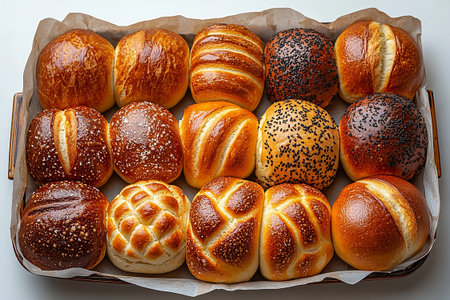 Variety of baked buns in on a wooden trading tray on a white background. Top view. Diversity baked bread.の素材
