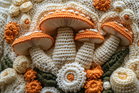 Trending in fashion. Crochet details of mushrooms pattern on a modern garment. Autumn atmosphere in clothes. Rustic Charm.の素材