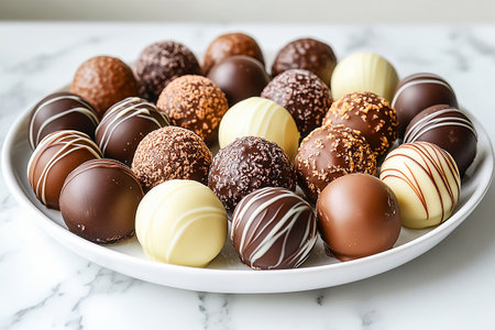 White plate filled with a balanced assortment of dark and milk chocolates. For gourmet chocolate companies or luxury food brands. Luxury events.の素材