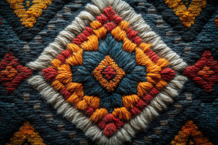 Handwoven rug texture with geometric print on a white background. Craftsmanship.の素材