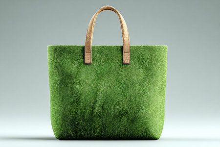 Reusable shopping bag made of fabric of green color on a white background. Perfect for promoting eco-conscious brands.の素材