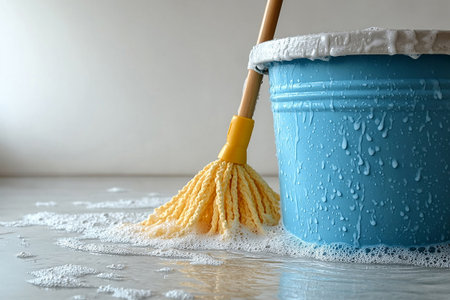 Bucket with mop and water on a white background. Janitors, offices and professional cleaning services. For cleaning blogs.の素材