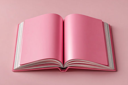 Top view of open Notebook journal with blank pages on a white background. Mockup. Copy space. Pink blank pages. Desk item.の素材