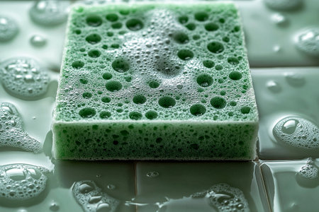 Green sponge with cleaning agent wiping a ceramic tile with soap bubbles. Close-up. Cleaning concept.の素材