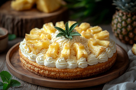 Pineapple cakesÂ in Yellow tonesÂ on dessert stand with soft lighting. Summer dessert.の素材