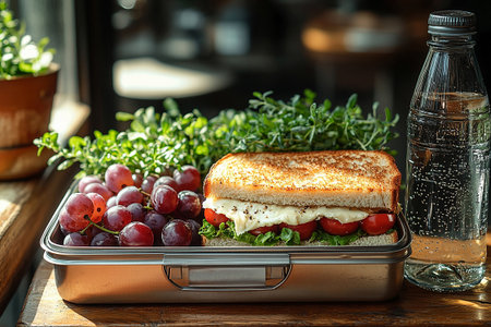 Lunch with a baguette sandwich, brie cheese and grapes. Parisian style lunch box. Meal prep.の素材