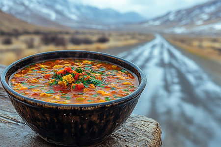 Hot bowl of freeze-dried soup on roadside bench during a road trip. Scenic view of a desert highway in background. Travel essentials. Outdoor adventure.の素材