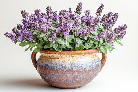 Potted sage plant with gray-green leaves and purple flowers on a white background. Herb in pot. Salvia is grown as garden plants.の素材