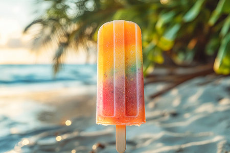 Popsicle with rainbow colors on a long stick on a summer background. Summer fun. Vintage style.の素材