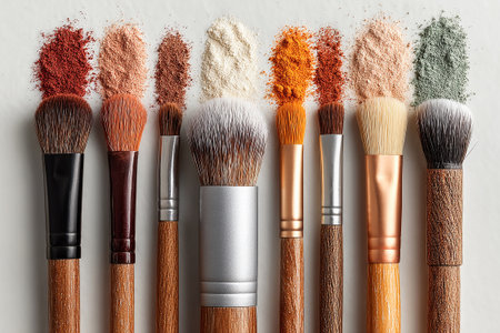 Flat lay of makeup brush placed next to a color palette on white background. Skincare-makeup hybrids.の素材