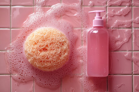 Top view of sponge next to a light detergent bottles on a background of ceramic tiles in pink colors. Perform for professional cleaning service ads.の素材