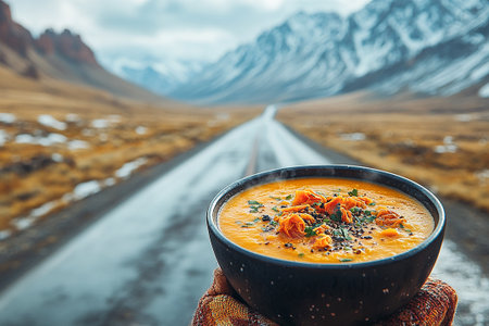 Hot bowl of freeze-dried soup on roadside bench during a road trip. Scenic view of a desert highway in background. Travel food.の素材