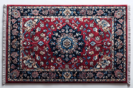 Arts and crafts. Handwoven Persian rug textureÂ on a white background. Top view.の素材