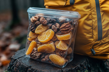 Freeze-dried fruit and nuts in a transparent zip bag on a tree stump next to yellow backpack. Food on the go. Nutritious snacks.の素材