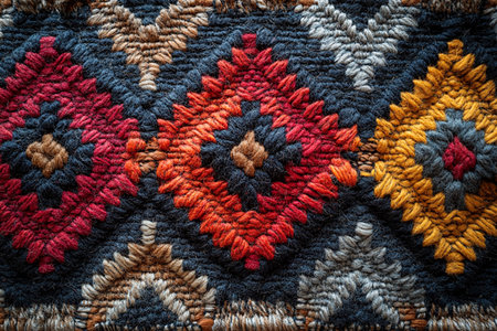 Traditional ornament. Handwoven rug texture with geometric print on a white background. Top view.の素材