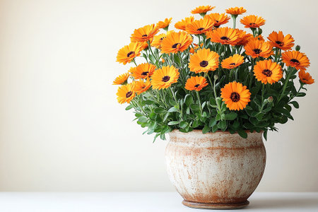 Calendula plant with yellow flowers in pot on a white background. Close-up of a potted medicinal herb. Vintage rural pot.の素材