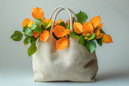 Reusable shopping bag made of fabric with a branches with yellow leaves on a white background. Autumn mood. Sustainable lifestyle.の素材