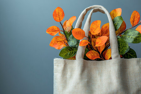 Reusable shopping bag made of fabric with a branches with yellow leaves on a white background. Autumn mood. Eco-friendly lifestyle.の素材
