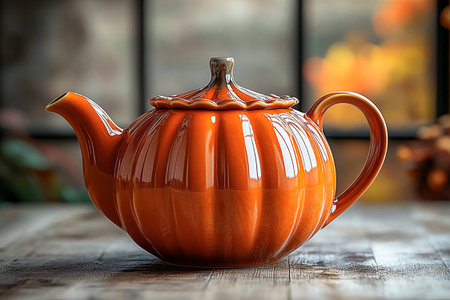 Modern kitchen tableware. Ceramic teapot in shape of a orange pumpkin in a classic style on a white background.の素材