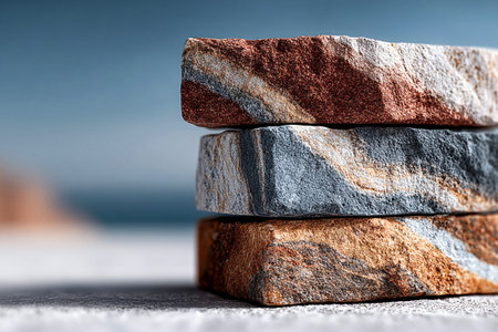 Stacked bricks with a trowel and mortar. Close-up. Textured and ready for construction. Building construction.の素材