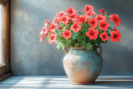 Big Geranium plant with red flowers grows on white background. Ceramic vase in an antique style.の素材