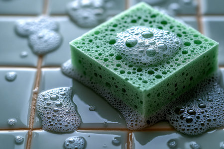 Green sponge with cleaning agent wiping a ceramic tile with soap bubbles. Close-up. Home cleaning concept.の素材