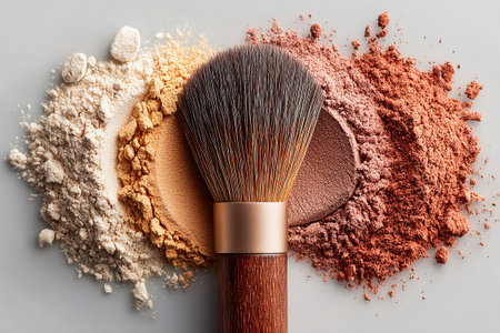 Flat lay of makeup brush placed next to a color palette on white background. Palette with loose powder. High-end makeup.の素材