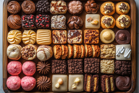 Variety of bakes and cookies in on a wooden trading tray on a white background. Food marketing. Top view.の素材